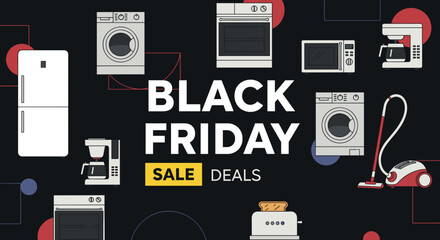 Black Friday Sale banner featuring home appliances illustration Shopping deals and discounts promotion