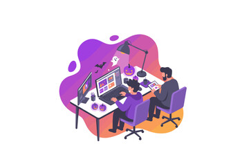 Coworkers collaborate on creative tasks in a festive Halloween office setting working on computers