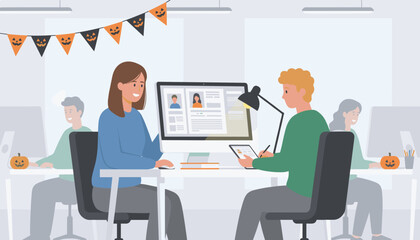 Smiling colleagues collaborate in a festive Halloween office Professional teamwork and seasonal business