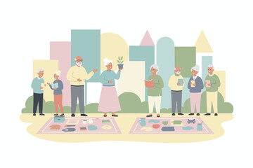 Seniors enjoy a community swap meet exchanging goods and fostering social connection