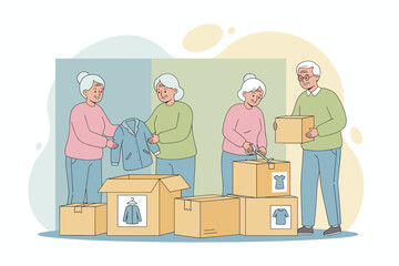 Senior people donating clothes for charity packing boxes Community and social support concept