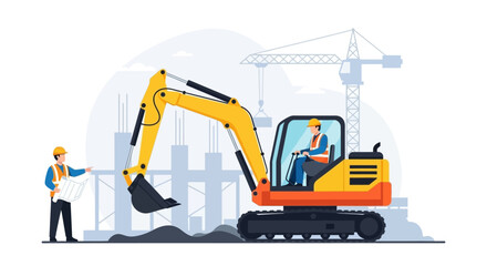 Construction team planning and operating excavator on a busy building site