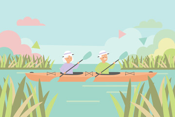 Happy senior couple kayaking on a serene lake enjoying an active healthy retirement lifestyle