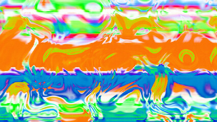 Abstract psychedelic glitch waves with neon colors, distorted digital fluid texture and VHS scanline effect
