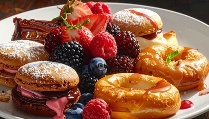 Indulgent display of American fast food and desserts—double cheeseburger, fries, cupcakes, cake, donuts, ice cream—on table inside wooden cabin with Monument Valley view and patriotic theme.