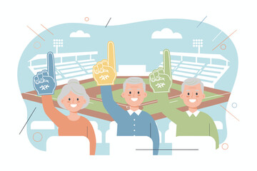 Senior baseball fans happily cheering with foam fingers at a stadium Active lifestyle