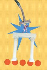 Vertical pop poster banner collage of happy housemaid girl stand column vacuum cleaner mop floor...