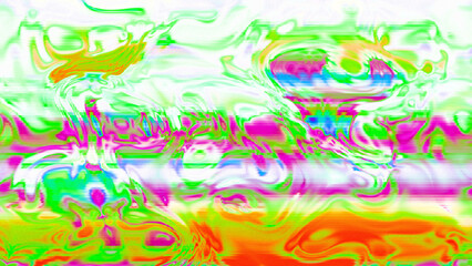 Abstract psychedelic glitch waves with neon colors, distorted digital fluid texture and VHS scanline effect