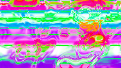 Abstract psychedelic glitch waves with neon colors, distorted digital fluid texture and VHS scanline effect