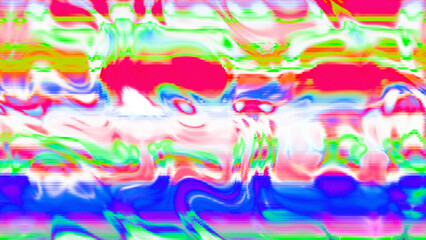 Abstract psychedelic glitch waves with neon colors, distorted digital fluid texture and VHS scanline effect
