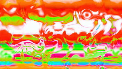 Abstract psychedelic glitch waves with neon colors, distorted digital fluid texture and VHS scanline effect