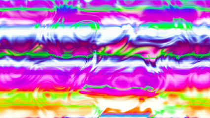 Abstract psychedelic glitch waves with neon colors, distorted digital fluid texture and VHS scanline effect