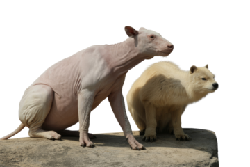 Hairless dog and a fluffy polar bear cub sit together on a rock, against a transparent background. background removed
