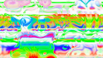 Abstract psychedelic glitch waves with neon colors, distorted digital fluid texture and VHS scanline effect