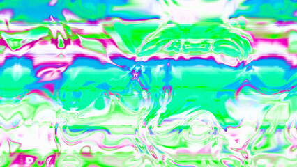 Abstract psychedelic glitch waves with neon colors, distorted digital fluid texture and VHS scanline effect