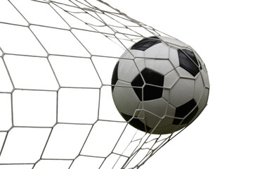 Naklejka premium A soccer ball enters the goal net, a moment of victory captured in this image. background removed