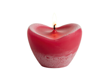 A heart-shaped, red candle with a lit wick, isolated on a transparent background. background removed