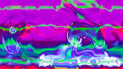 Abstract psychedelic glitch waves with neon colors, distorted digital fluid texture and VHS scanline effect