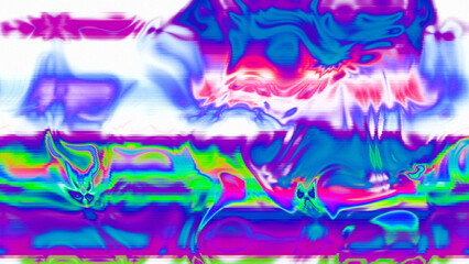 Abstract psychedelic glitch waves with neon colors, distorted digital fluid texture and VHS scanline effect