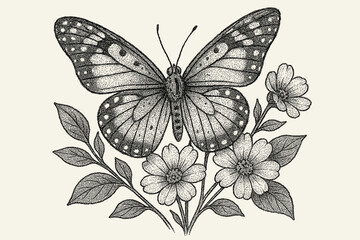 Illustration patterned vector resting wings shaded petals garden flowers stippled butterfly gradients
