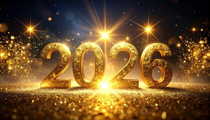 Golden &ldquo;2026&rdquo; numbers centered on festive background with radiant starbursts, glitter, and sparkling lights, conveying excitement and celebration for New Year or major event.