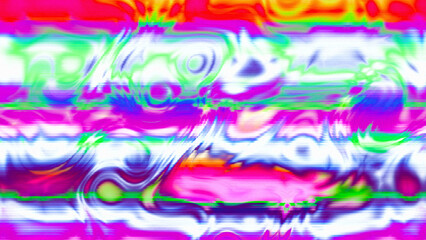 Abstract psychedelic glitch waves with neon colors, distorted digital fluid texture and VHS scanline effect