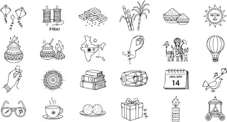 Indian Harvest Festival Icons Set: Makar Sankranti, Pongal, Lohri, Uttarayan, and Bihu vector illustrations with kites, sun, sweets, sugarcane, and January 14 calendar.