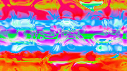 Abstract psychedelic glitch waves with neon colors, distorted digital fluid texture and VHS scanline effect