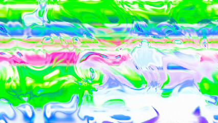 Abstract psychedelic glitch waves with neon colors, distorted digital fluid texture and VHS scanline effect