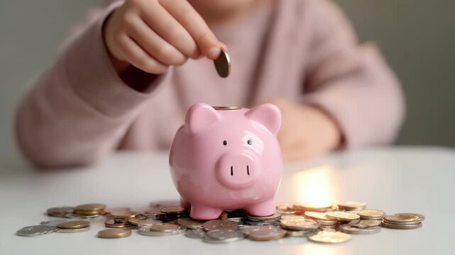 Child hand putting coin into pink piggy bank surrounded by scattered coins, symbolizing saving money and financial education. Concept of teaching kids about budgeting and personal finance