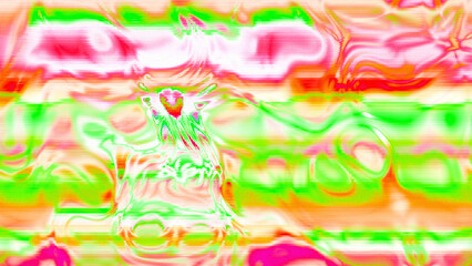 Abstract psychedelic glitch waves with neon colors, distorted digital fluid texture and VHS scanline effect