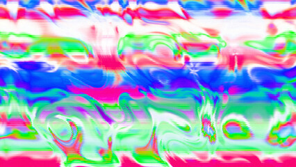 Abstract psychedelic glitch waves with neon colors, distorted digital fluid texture and VHS scanline effect