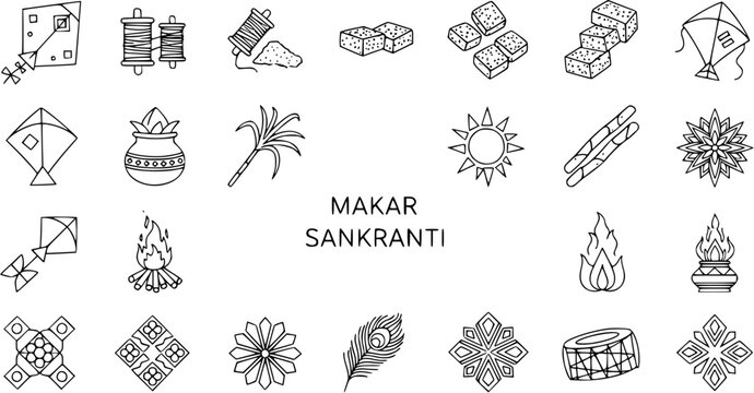 Makar Sankranti Festival Line Art Icons Set. Collection of Traditional Indian Harvest Celebration Elements, including Kites, Sweets, Sun, Sugarcane, and Bonfire.