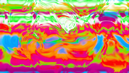 Abstract psychedelic glitch waves with neon colors, distorted digital fluid texture and VHS scanline effect