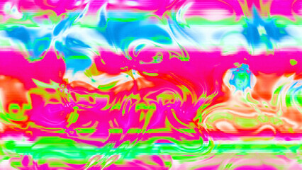 Abstract psychedelic glitch waves with neon colors, distorted digital fluid texture and VHS scanline effect