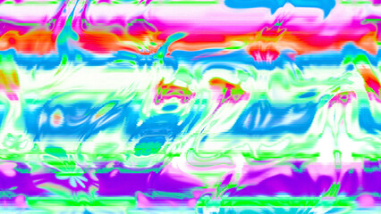 Abstract psychedelic glitch waves with neon colors, distorted digital fluid texture and VHS scanline effect