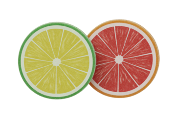 Two circular coasters featuring lemon and grapefruit slices, vibrant colors on a transparent background. background removed