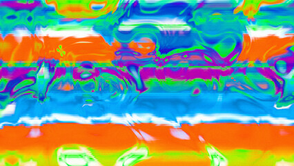 Abstract psychedelic glitch waves with neon colors, distorted digital fluid texture and VHS scanline effect
