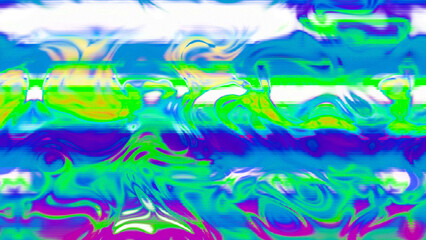 Abstract psychedelic glitch waves with neon colors, distorted digital fluid texture and VHS scanline effect