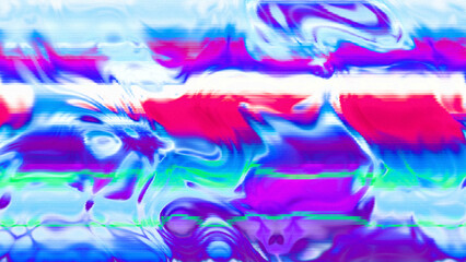 Abstract psychedelic glitch waves with neon colors, distorted digital fluid texture and VHS scanline effect