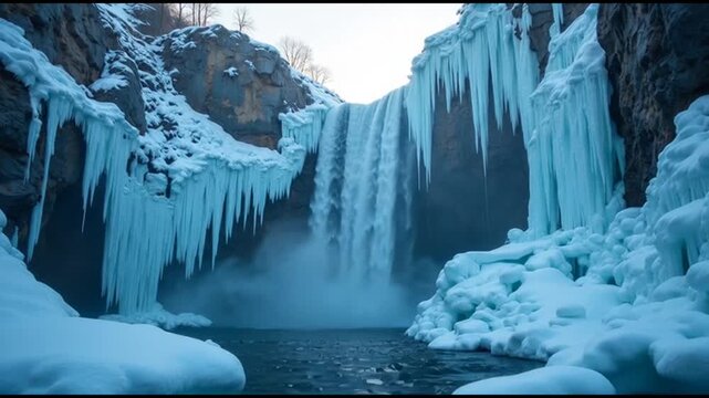 Majestic Frozen Waterfall with Icy Cliffs and Snow-Covered Landscape in Winter Wonderland