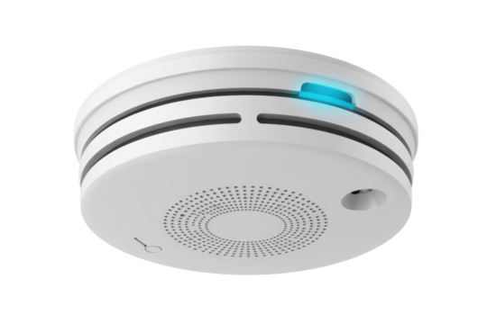 White smart smoke detector with a blue light indicator, providing home safety. background removed