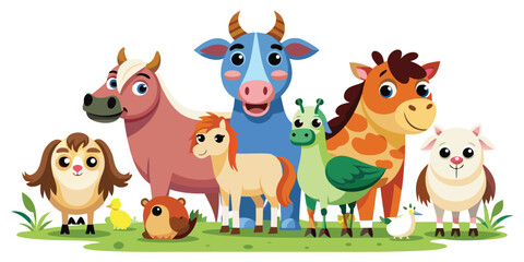 Naklejka premium Vector art of group of cute cartoon farm animals standing on grass perfect for education book