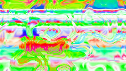 Abstract psychedelic glitch waves with neon colors, distorted digital fluid texture and VHS scanline effect