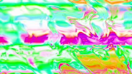 Abstract psychedelic glitch waves with neon colors, distorted digital fluid texture and VHS scanline effect