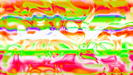 Abstract psychedelic glitch waves with neon colors, distorted digital fluid texture and VHS scanline effect