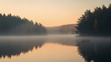 Fototapeta premium A serene misty lake reflecting a pine forest during a golden sunrise