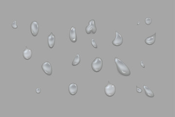 Realistic water drops. Clean raindrops, liquid bubbles, glass falling transparent PNG. Abstract fresh pure dew on smooth surface.