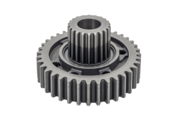 A detailed close-up of a metallic gear with intricate teeth and a central shaft. background removed