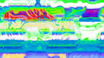 Abstract psychedelic glitch waves with neon colors, distorted digital fluid texture and VHS scanline effect